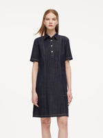 100% Cotton Denim Women A-Line Mini Shirt Dress With Self-Tie Belt GOELIA