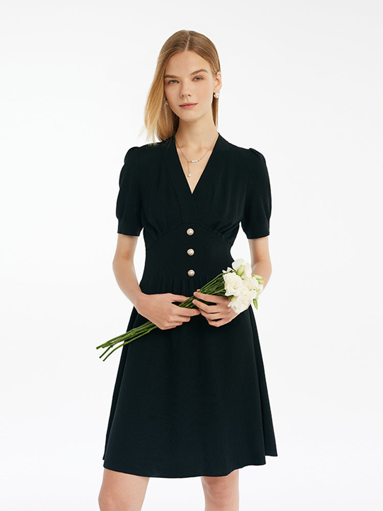 Tencel-Acetate Blend V-Neck Gathered Waist Women Mini Dress GOELIA