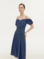 Lyocell Denim Gathered Waist Stretch Women Midi Dress GOELIA