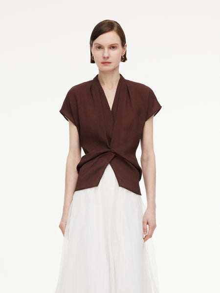 【美品】ファビアナフィリッピ　シルク100% ブラウス　モニーレ ブラウン XS 10.5MM Mulberry Silk V-Neck Twist Front Women Blouse – GOELIA