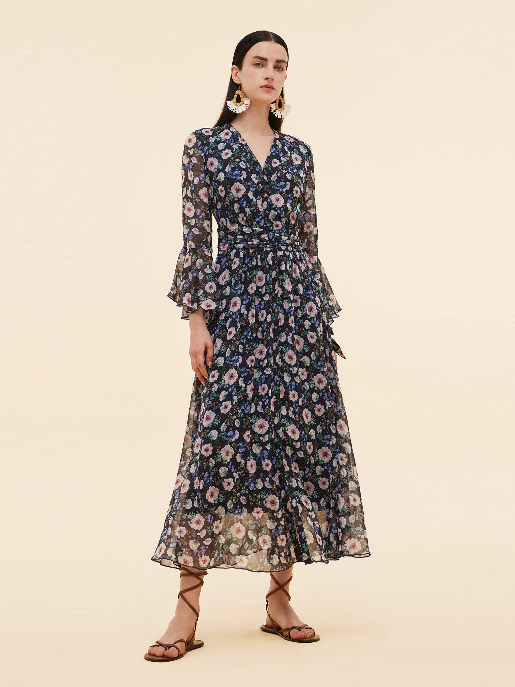 10MM Mulberry Silk Floral Print Women V-Neck Maxi Dress GOELIA