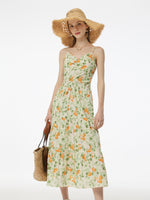 Cotton Floral Print Strap Maxi Dress And Openwork Cardigan Two-Piece Set GOELIA