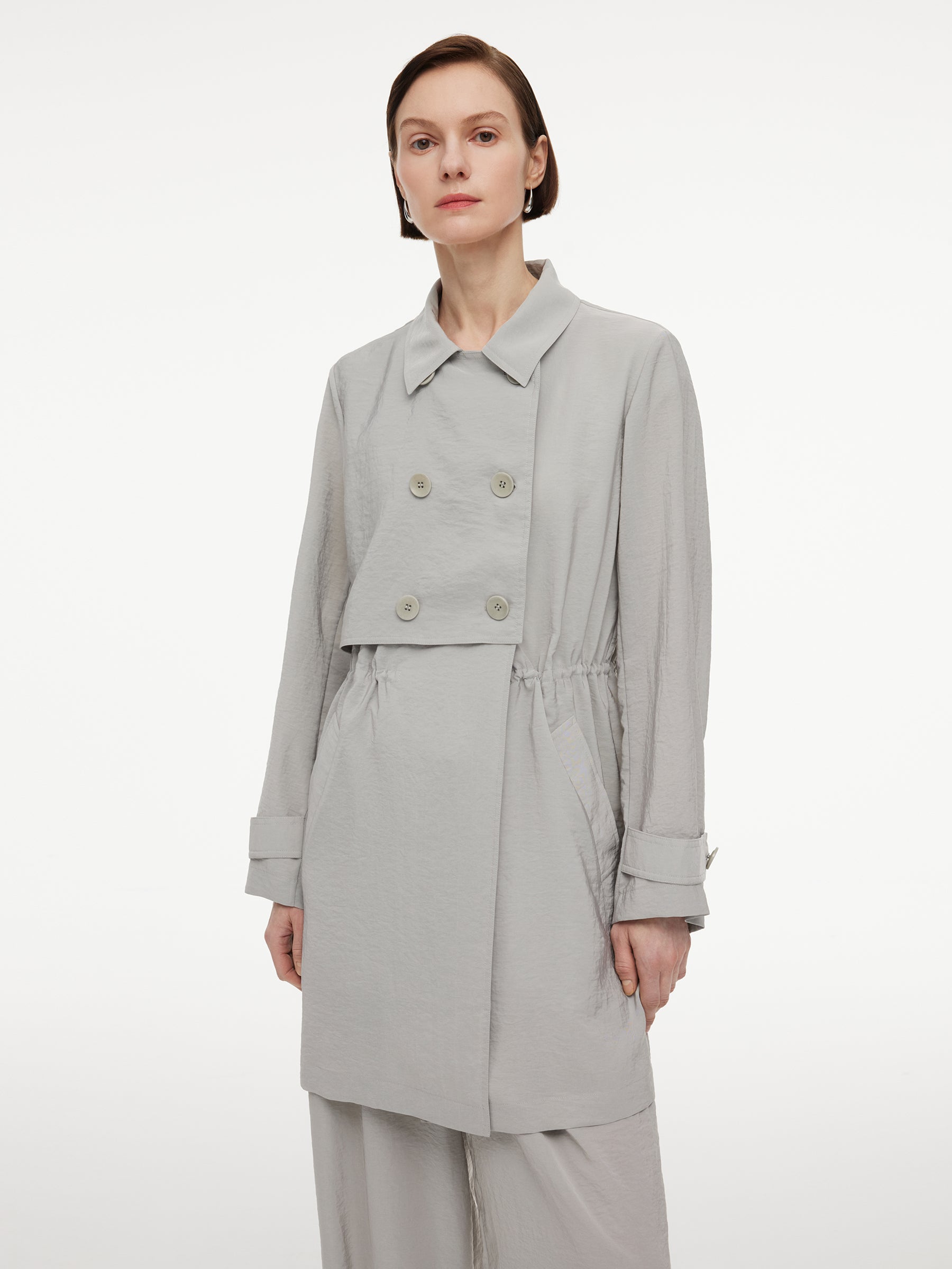 [Preview] Triacetate Blend Drawstring Waist Women Trench Coat GOELIA