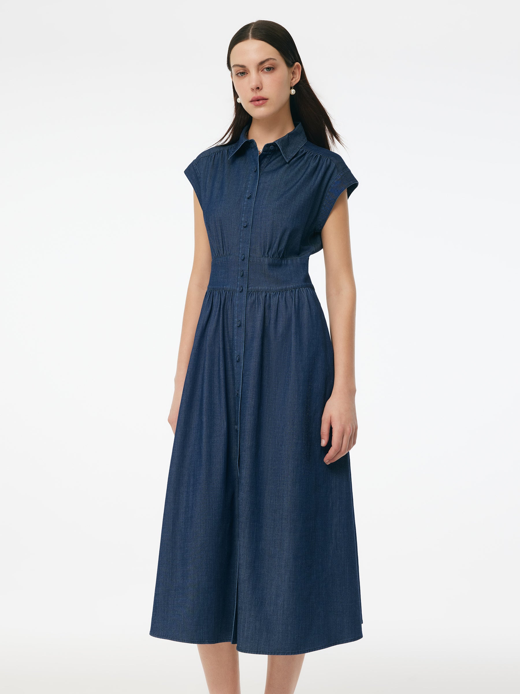 Denim Stretch Women Maxi Shirt Dress GOELIA