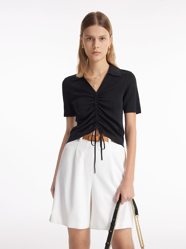 V-Neck Drawstring Lapel Knitted Women Top GOELIA