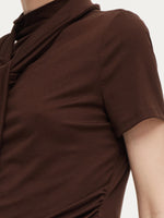 Tencel Blend Mock Neck Ruched Women Knit Top With Triangle Scarf GOELIA