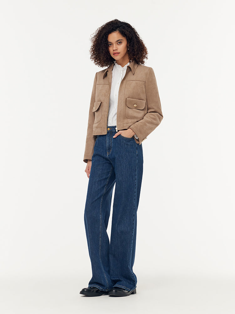 Faux Suede Zip-Up Women Lined Crop Jacket  GOELIA