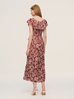 Marigold Floral Print Convertible Elastic Neck Women Maxi Dress GOELIA