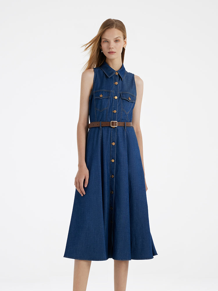 Denim Lapel Women Midi Vest Dress With Belt GOELIA