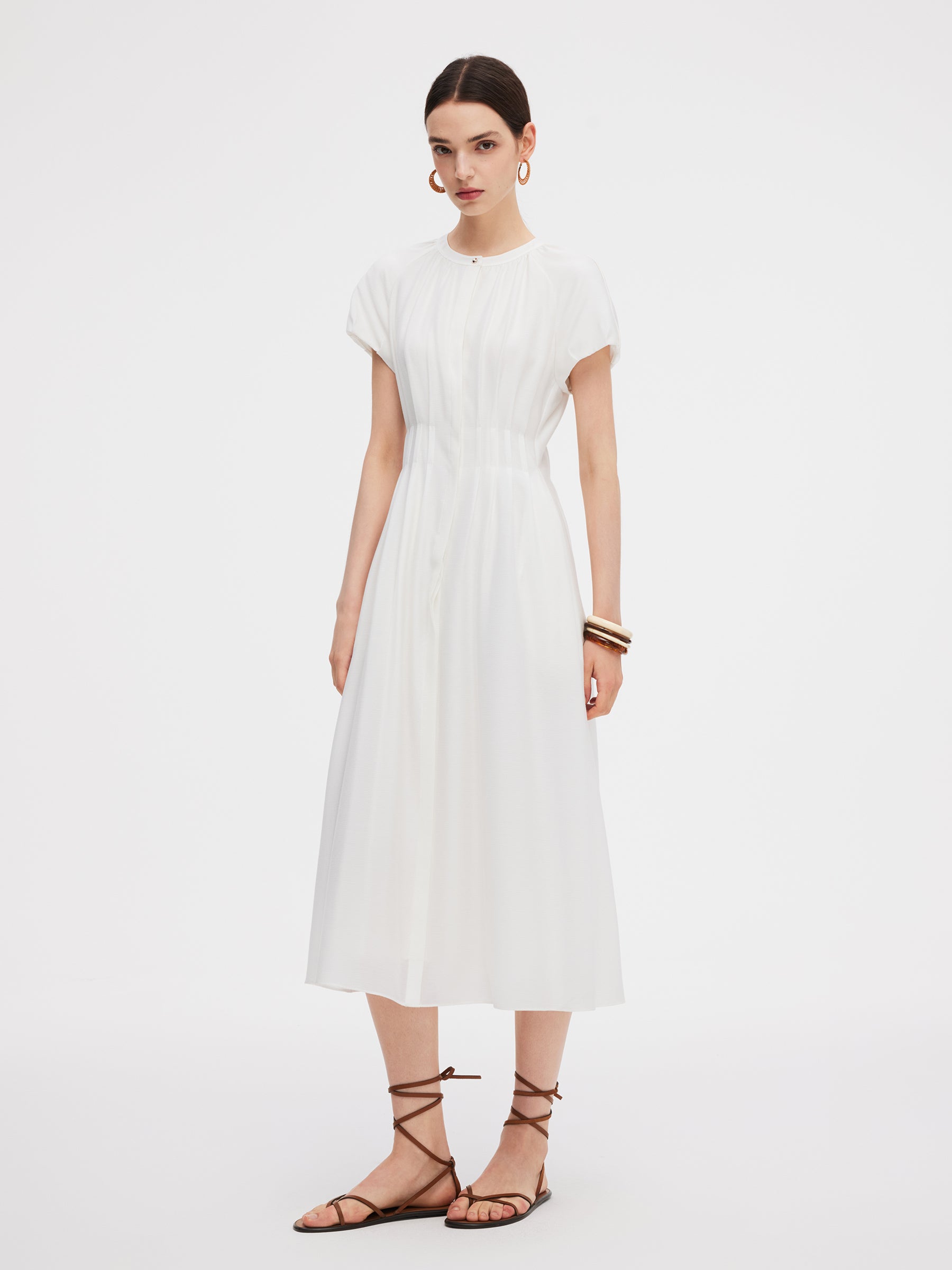 Acetate Blend Gathered Waist Women Maxi Dress GOELIA