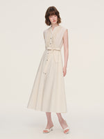 100% Cotton Gather-waisted Women Sleeveless Maxi Dress With Two Belts GOELIA