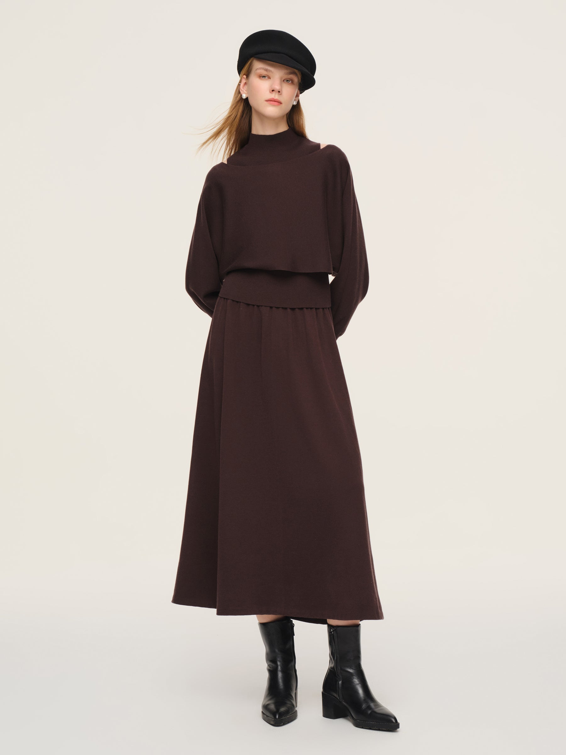Tencel Wool Blend Mock Neck Tank And Skirt And Knit Top Three-Piece Set GOELIA