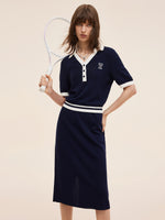 Tencel Blend Contrast Trim Knit Top And Skirt Two-Piece Set GOELIA