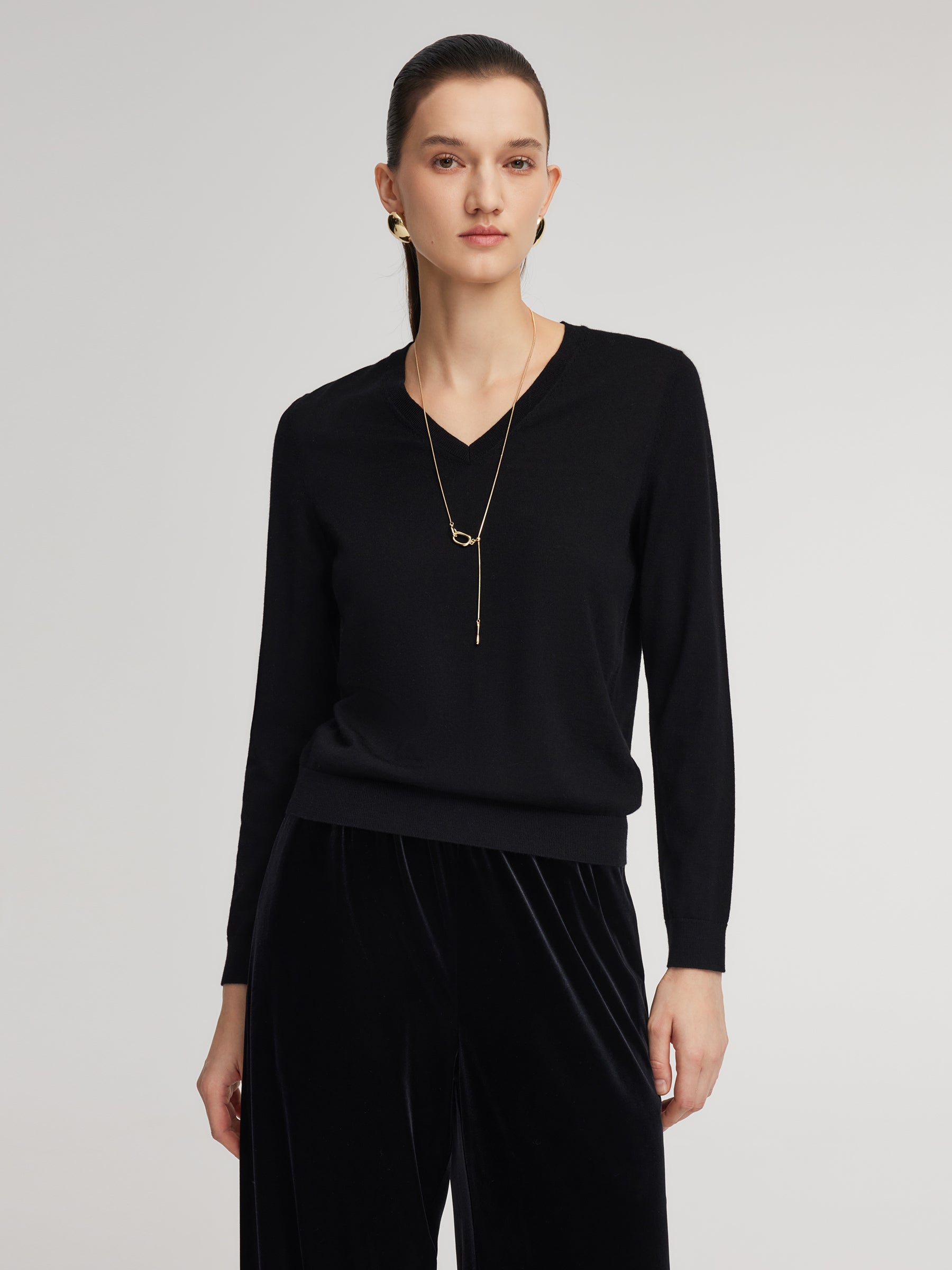 Cashmere Mulberry Silk Lyocell Blend V-Neck Women Knit Top GOELIA