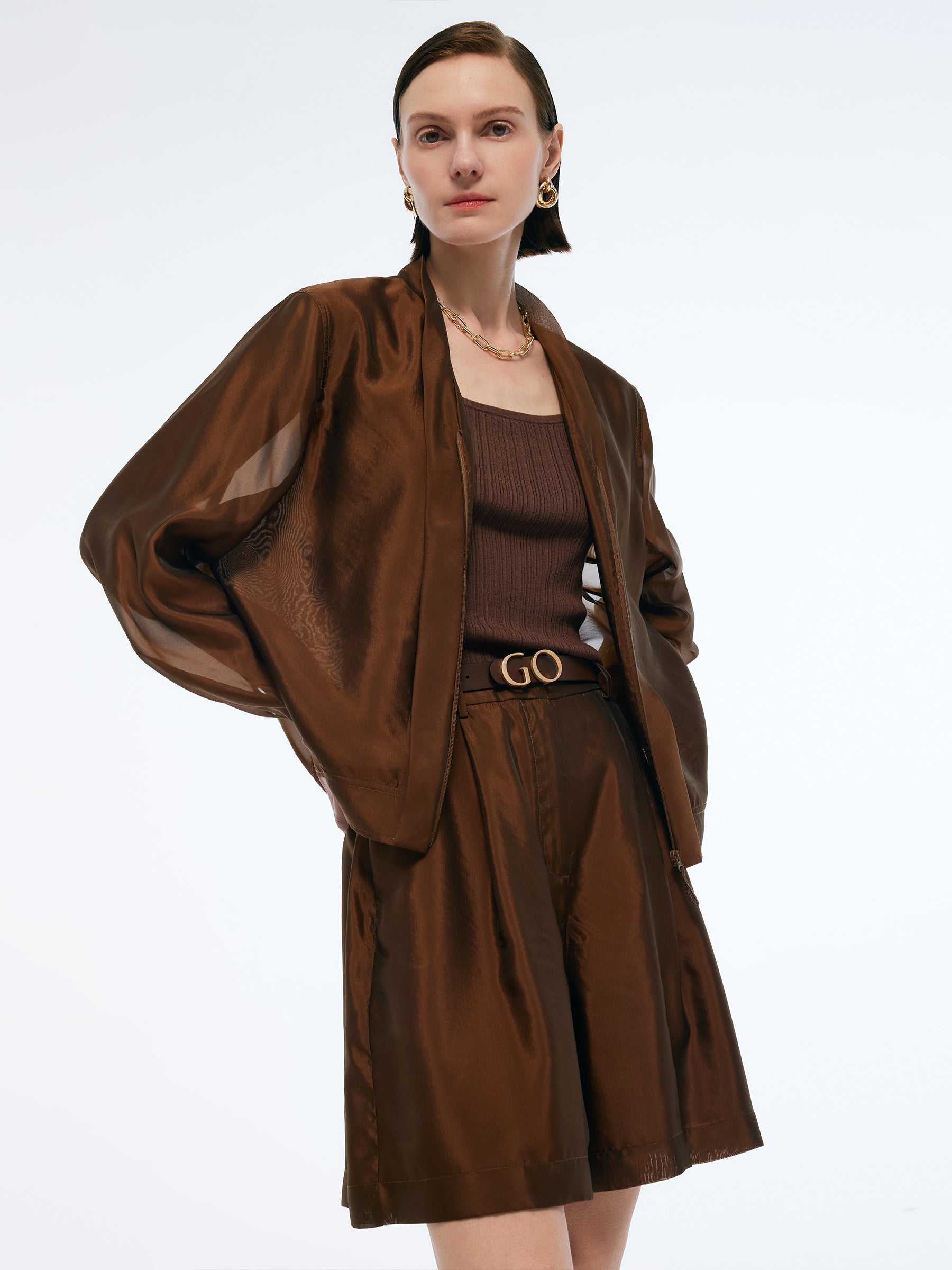 Mulberry Silk Blend Women Zip-Up Sheer Jacket GOELIA