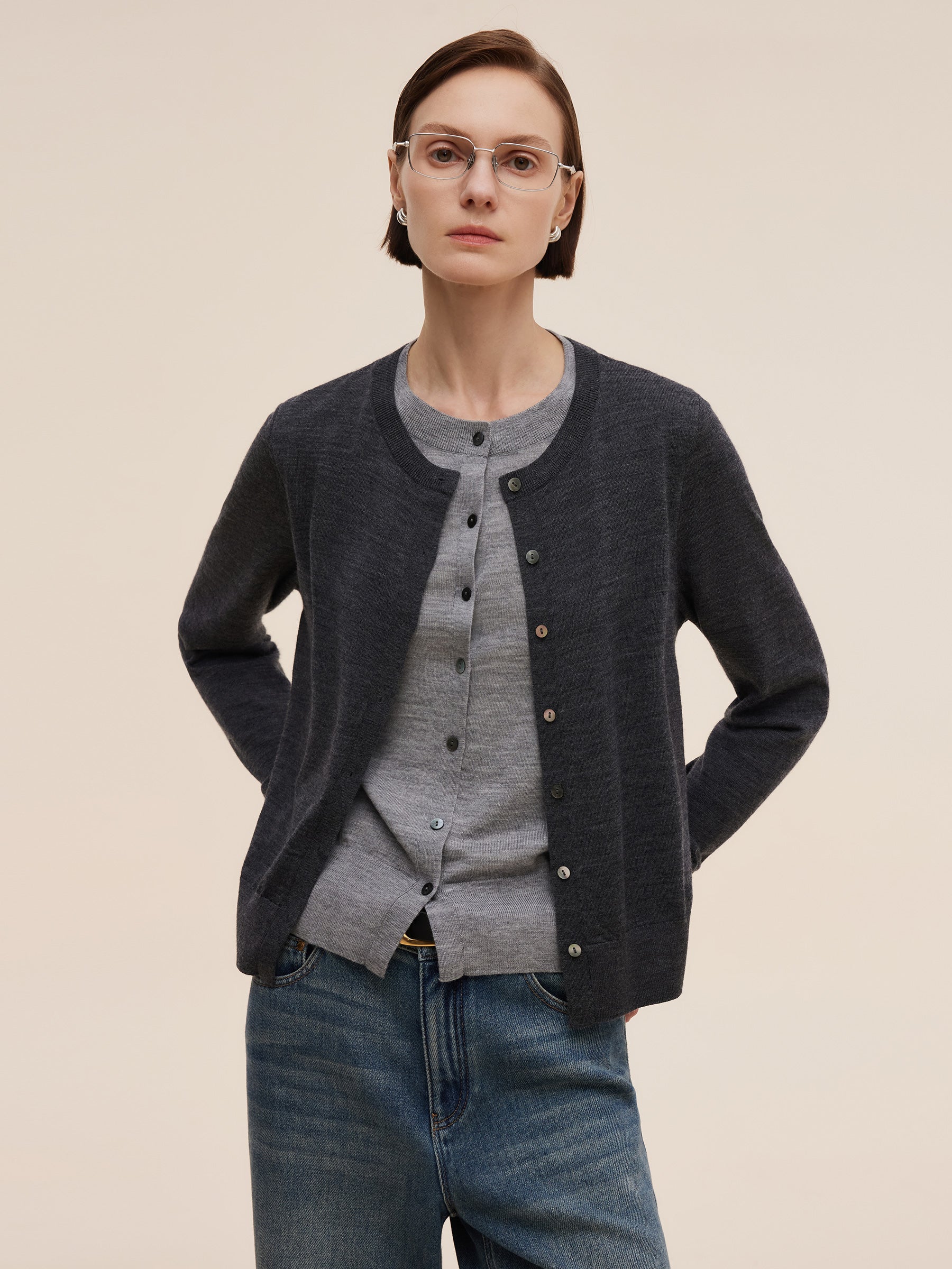 100% Machine Washable Wool Faux Two-Piece Women Cardigan GOELIA