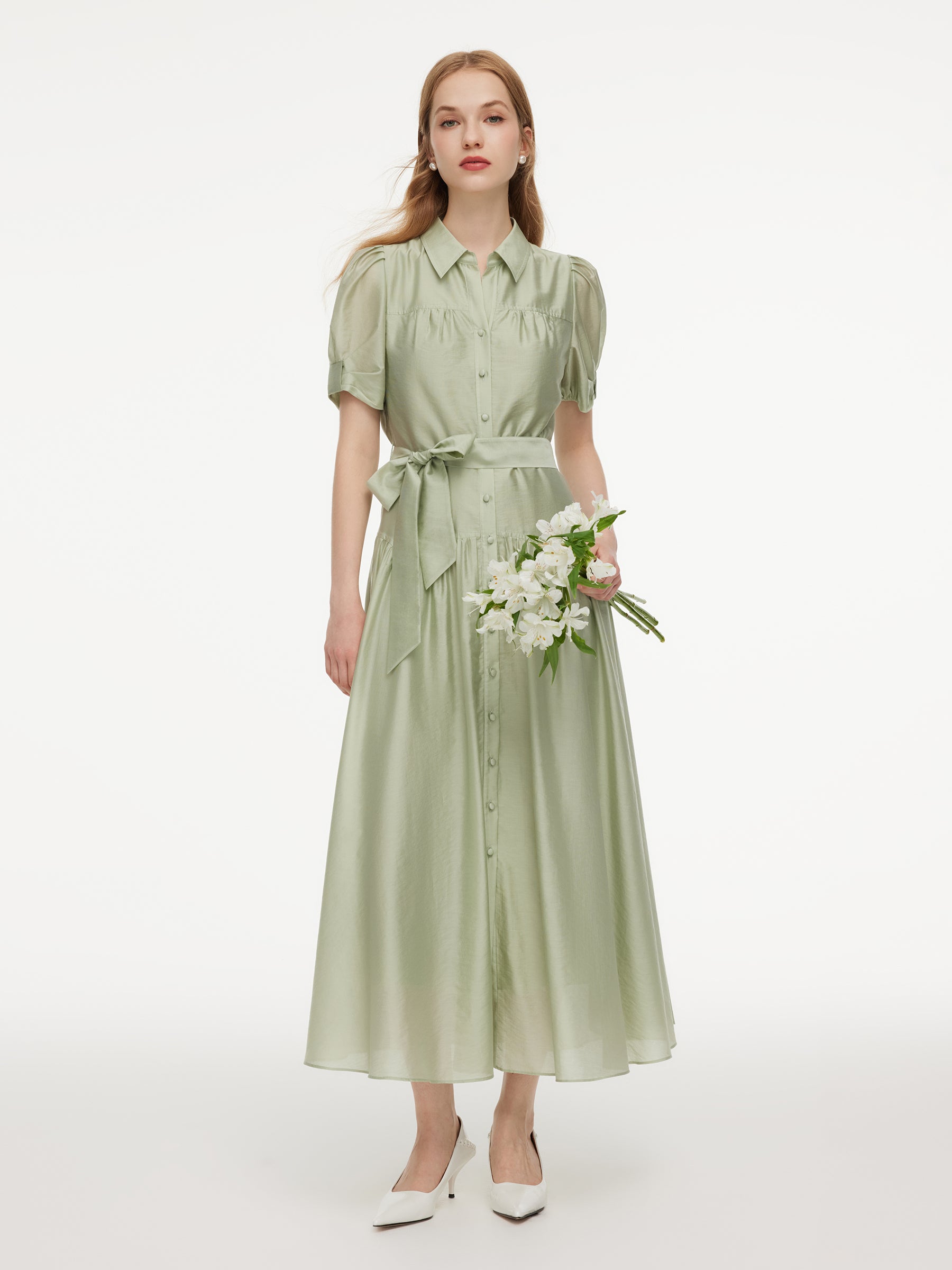 Tencel Blend Puff Sleeve Women Belted Maxi Shirt Dress GOELIA