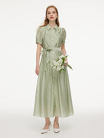 Tencel Blend Puff Sleeve Women Belted Maxi Shirt Dress GOELIA