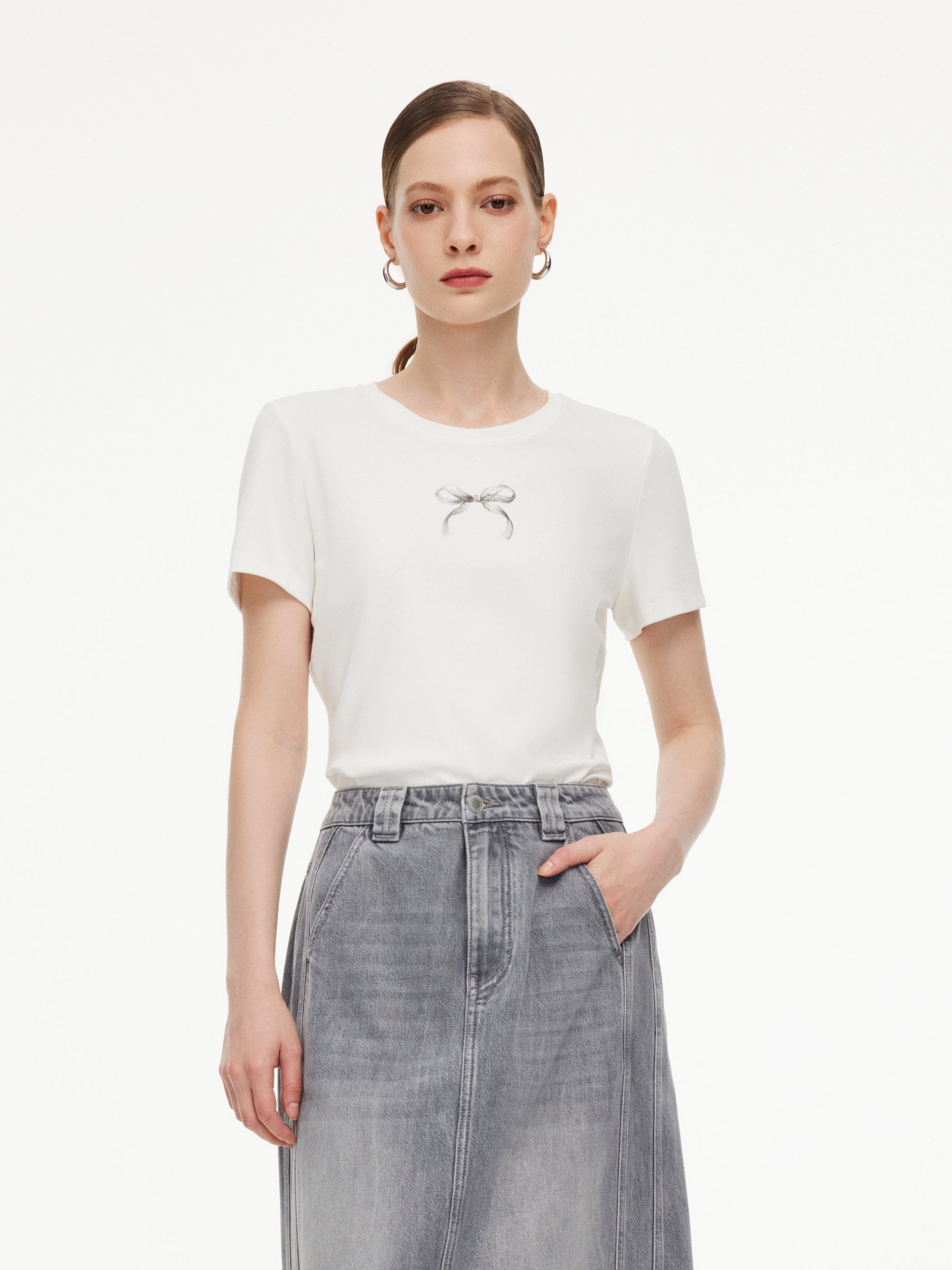 [Preview] Bowknot Print Gathered Waist Women T-Shirt GOELIA