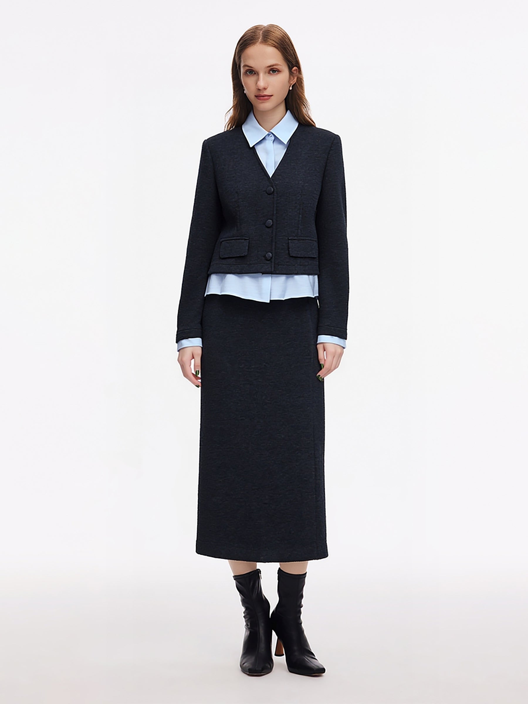 [Preview] Mock Layered Knit Top And Skirt Two-Piece Set GOELIA