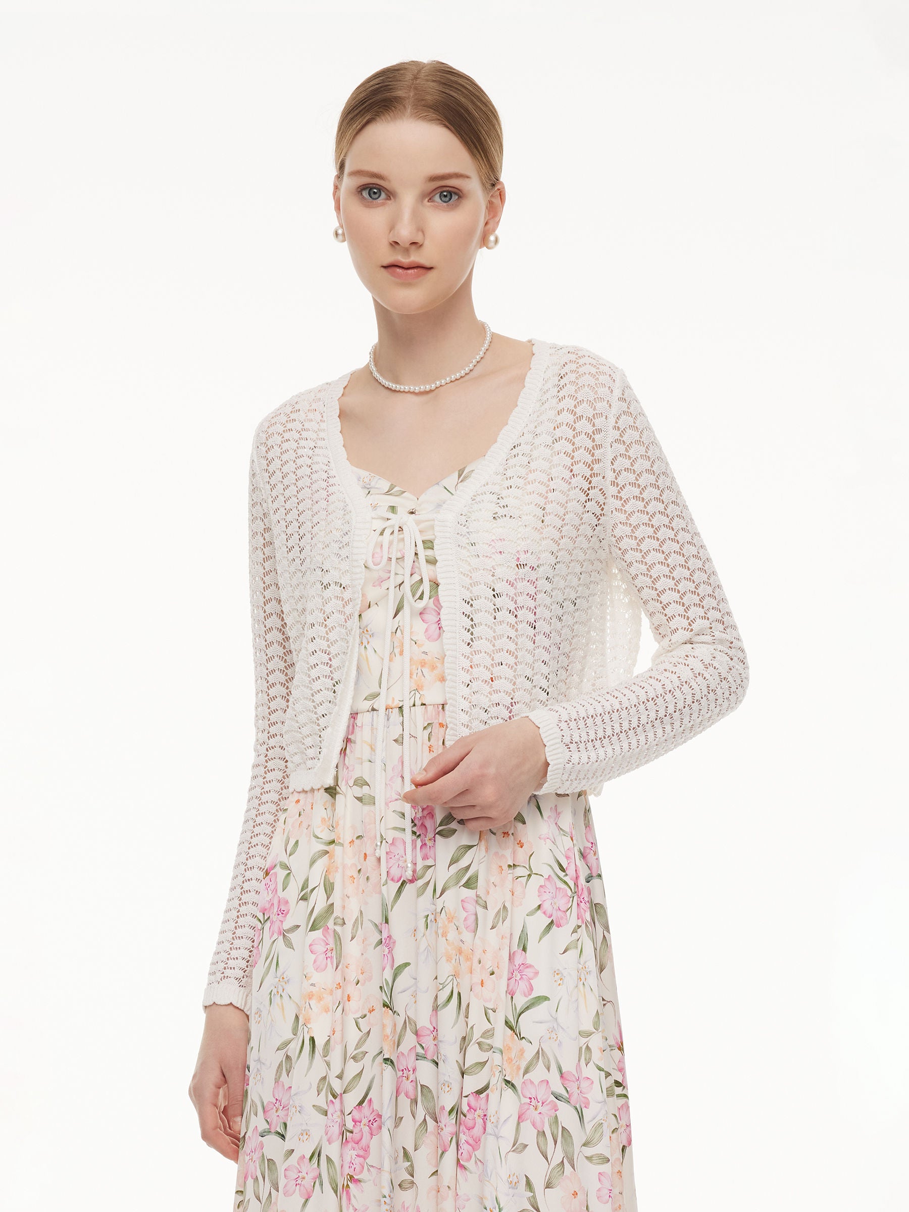 Lyocell Blend Crochet Women Open-Knit Cardigan GOELIA