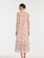 10 Momme Mulberry Silk Iris Printed Halter Ruffle Women Maxi Dress GOELIA