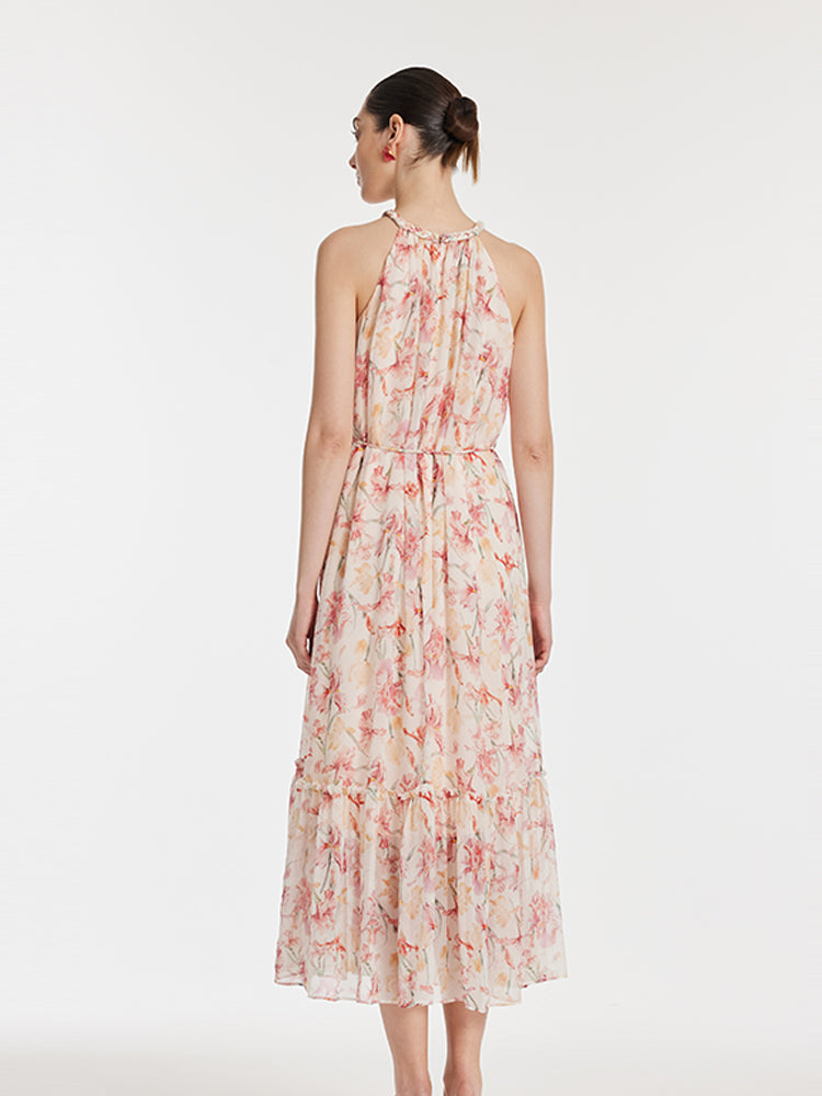 10 Momme Mulberry Silk Iris Print Halter Ruffle Women Maxi Dress – GOELIA
