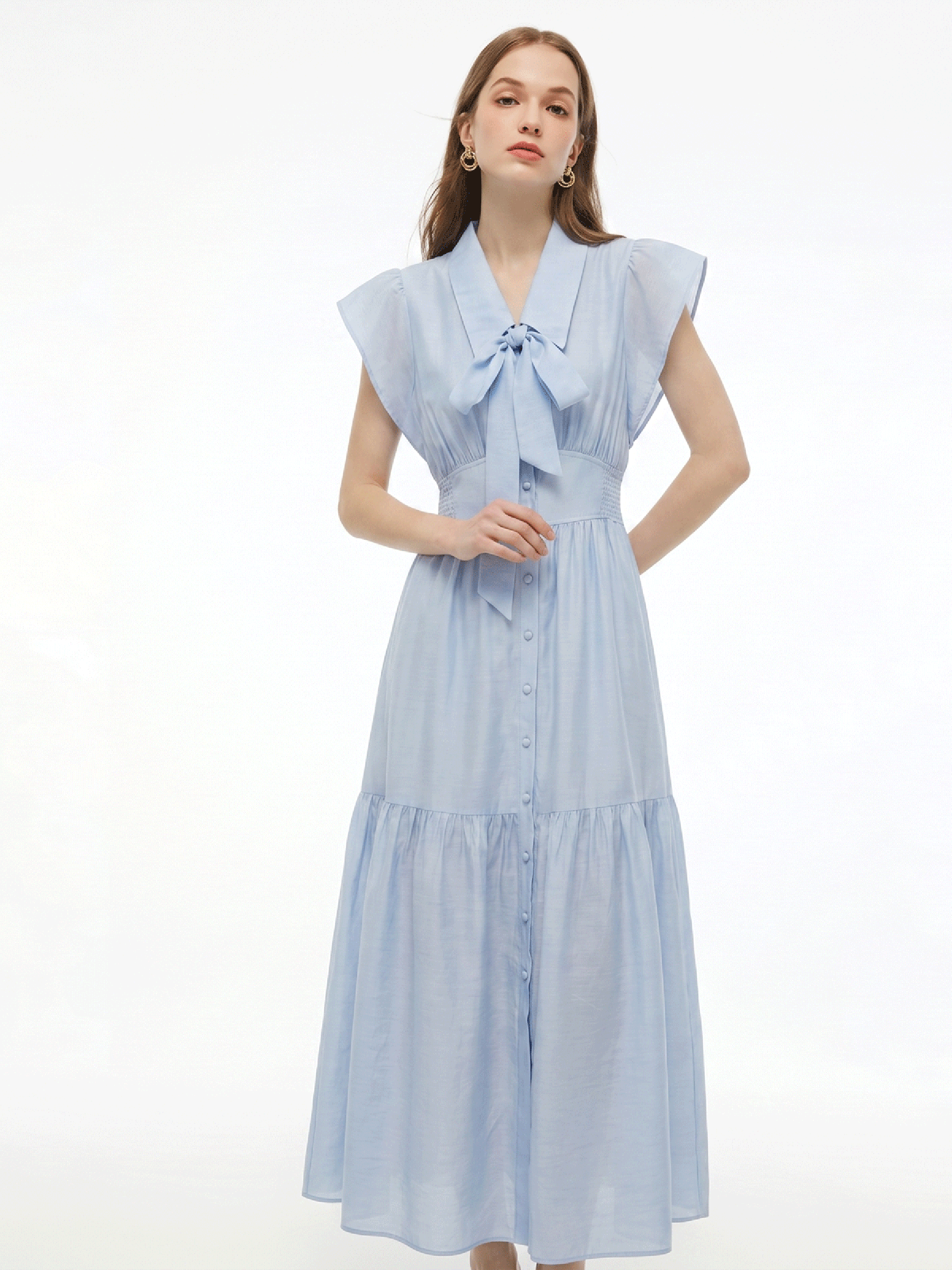 Tencel Acetate Blend Ruffle Cap Sleeve Women Maxi Dress With Ribbon GOELIA