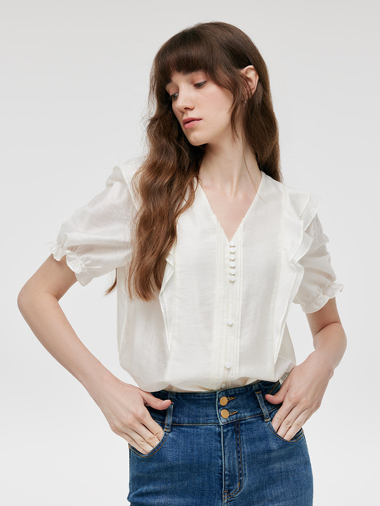 V-Neck Ruffle Puff Sleeves Women Blouse GOELIA
