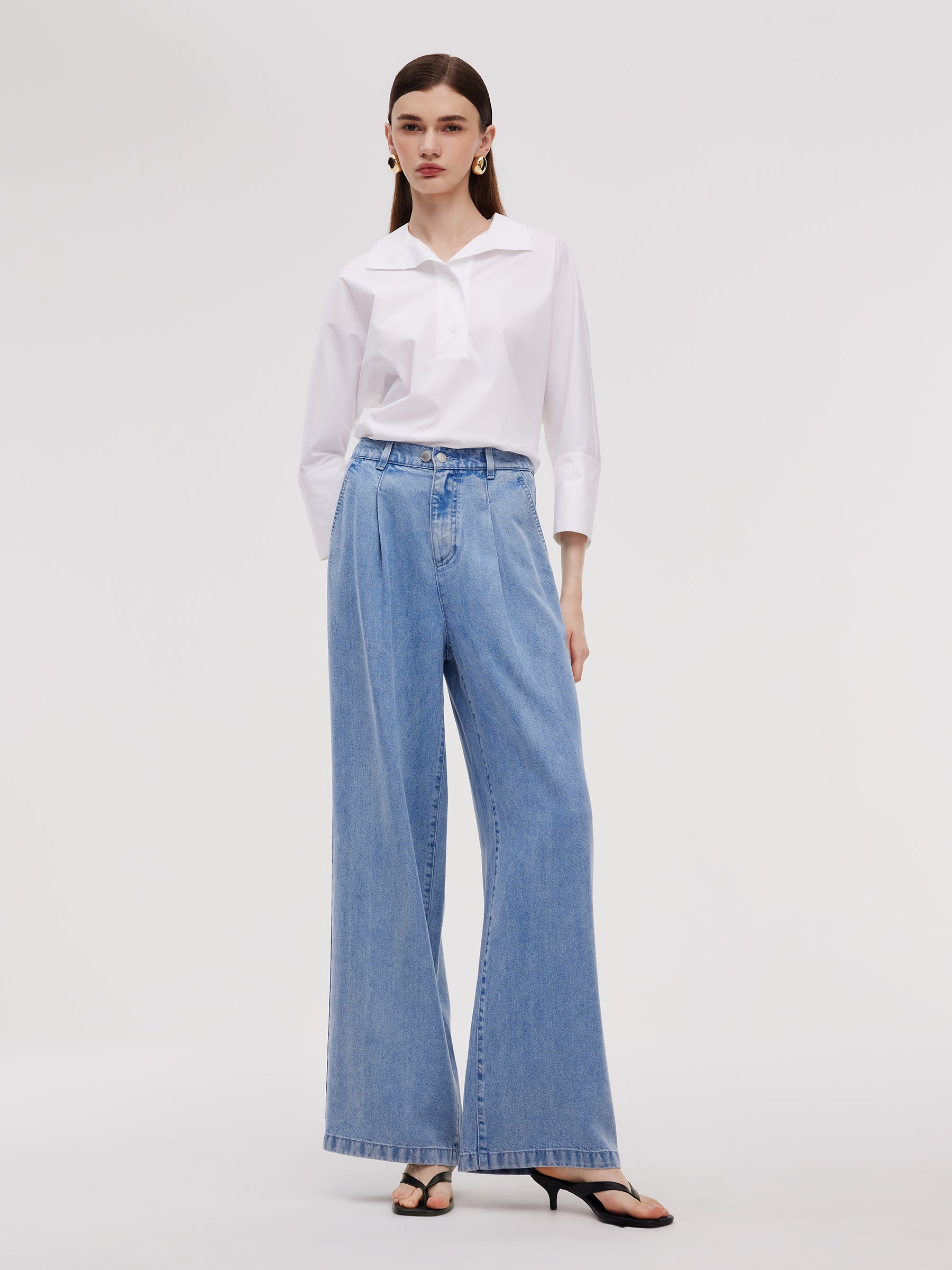 100% Lyocell Denim Straight Wide Leg Women Jeans GOELIA