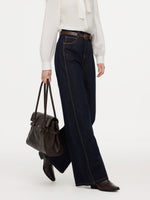 100% Cotton Denim Women Wide Leg Jeans With Belt GOELIA