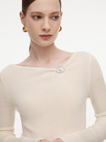 Wool Blend Boat Neck Women Knit Top With GO Letter Clip GOELIA
