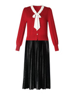 Knit Top And Velvet Pleated Skirt Two-Piece Set With Detachable Ribbon GOELIA