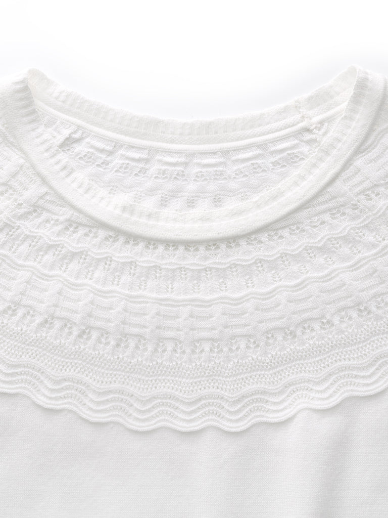 Round Neck With Ruffles Tencel Blend Openwork Women Ruffle Round Neck Knit Top – GOELIA