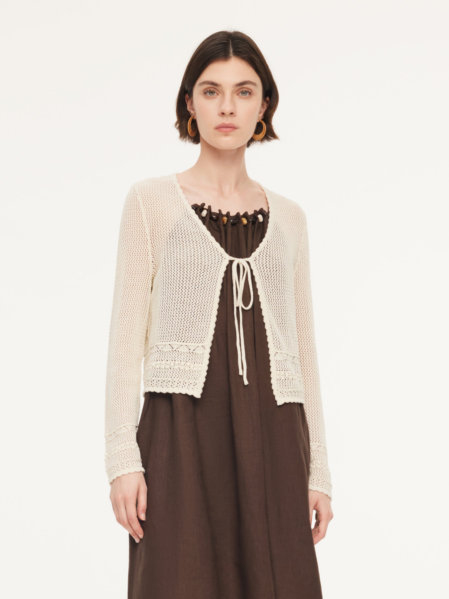 100% Cotton Openwork Tie Front Women Cardigan GOELIA