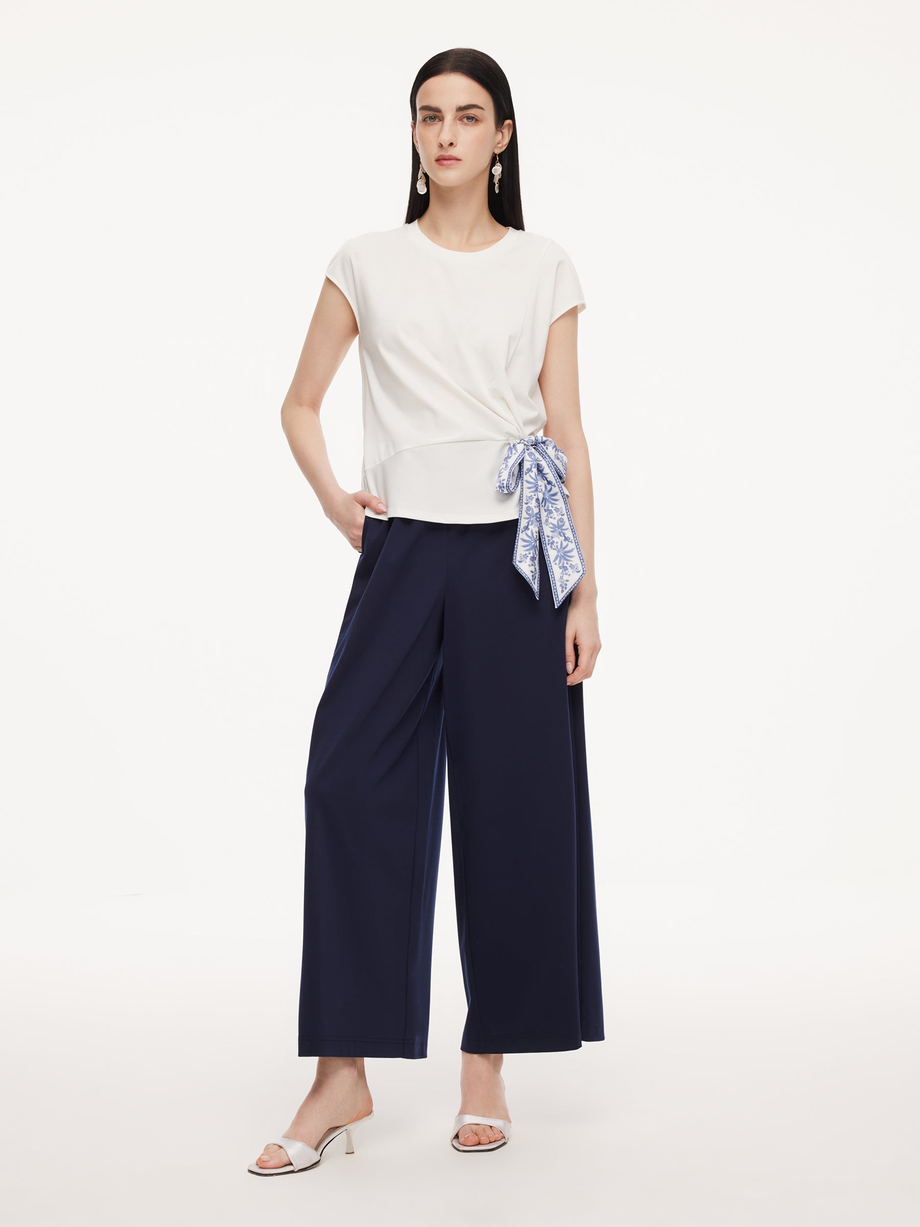 Tencel Blend Twist Front Top And Wide Leg Pants Two-Piece Set With Silk Scarf GOELIA