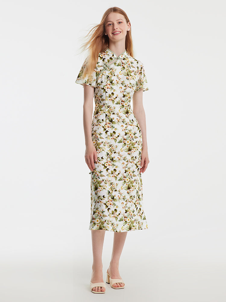 Tencel Linen Floral Cheongsam Dress GOELIA