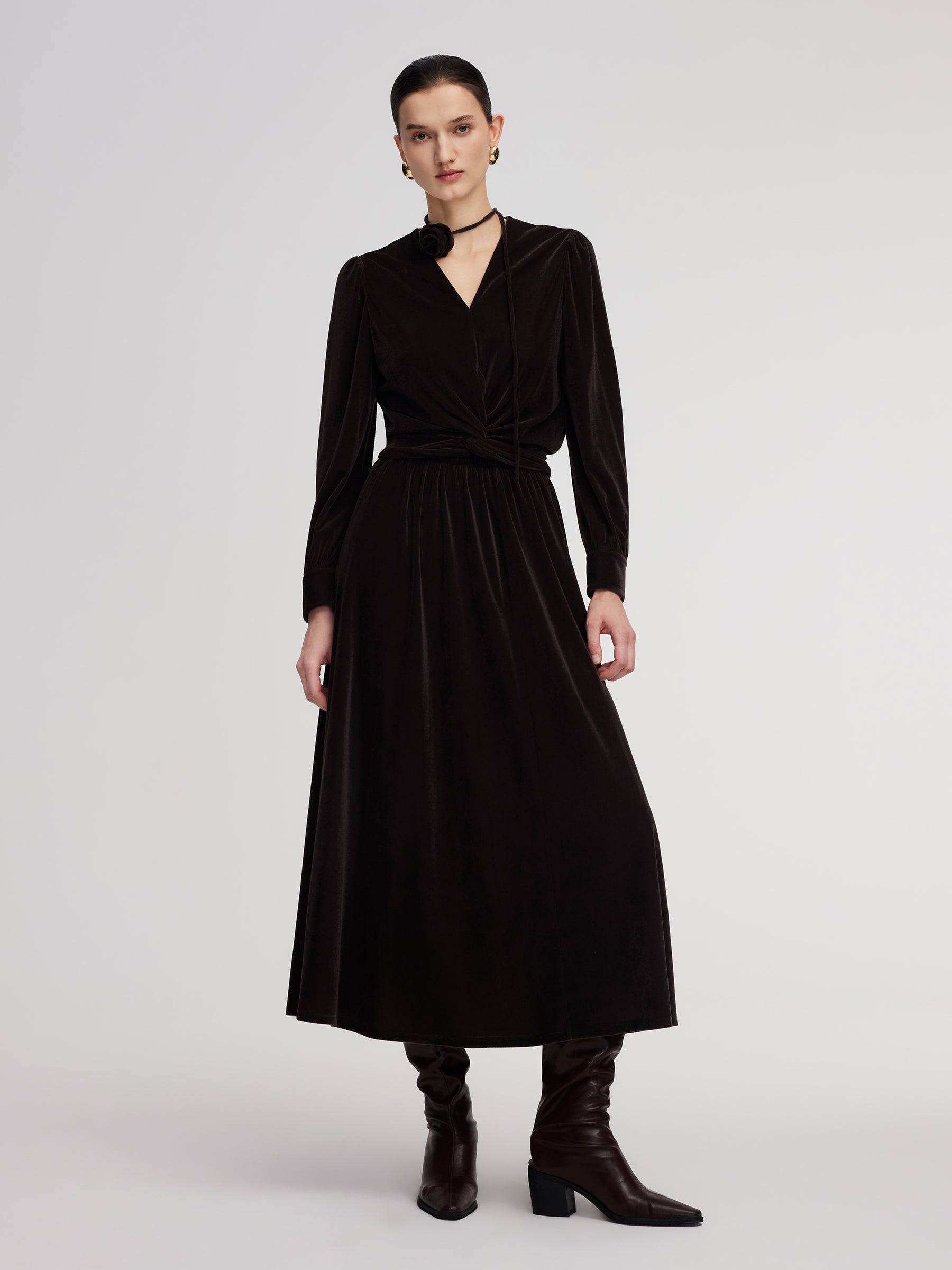 Velvet Twist Front Knit Top And Skirt Two-Piece Set With Floral Ribbon GOELIA