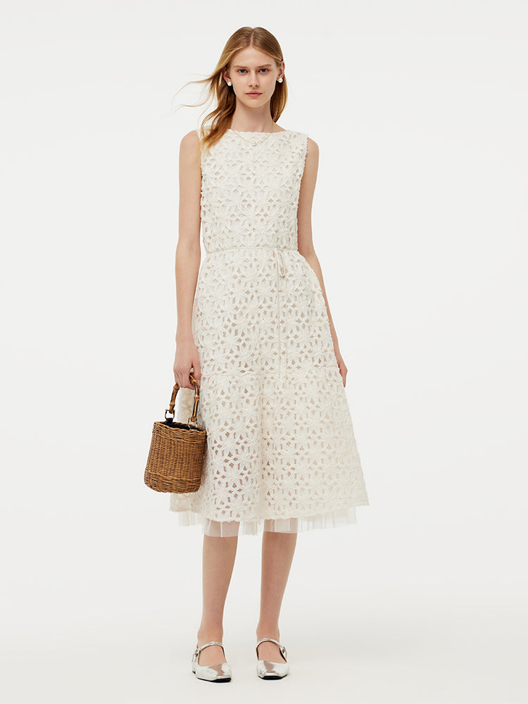 Embroidered Mesh Women Vest Midi Dress With Belt GOELIA