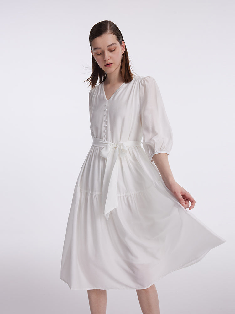 White V-Neck Gathered Waist Midi Dress GOELIA