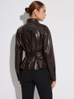 PU Leather Stand Collar Wind-Proof Women Belted Jacket GOELIA
