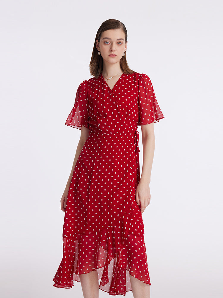 10 Momme Mulberry Silk Polka Dots Printed Wrapped Ruffle Women Midi Dress GOELIA