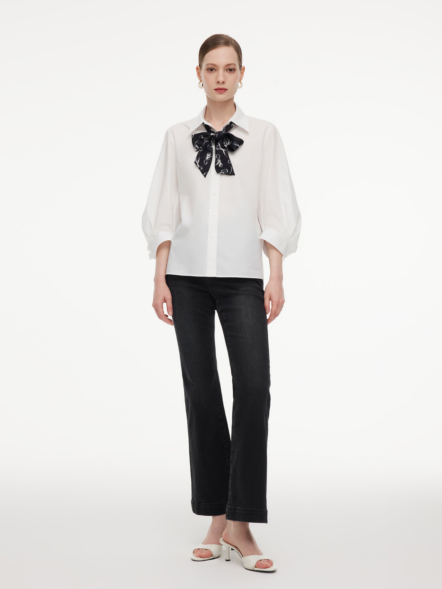 100% Cotton 3/4 Sleeve Women Shirt With Ribbon Print Silky Scarf GOELIA