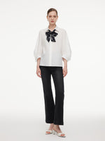 [Preview] 100% Cotton 3/4 Sleeve Women Shirt With Ribbon Print Silky Scarf GOELIA