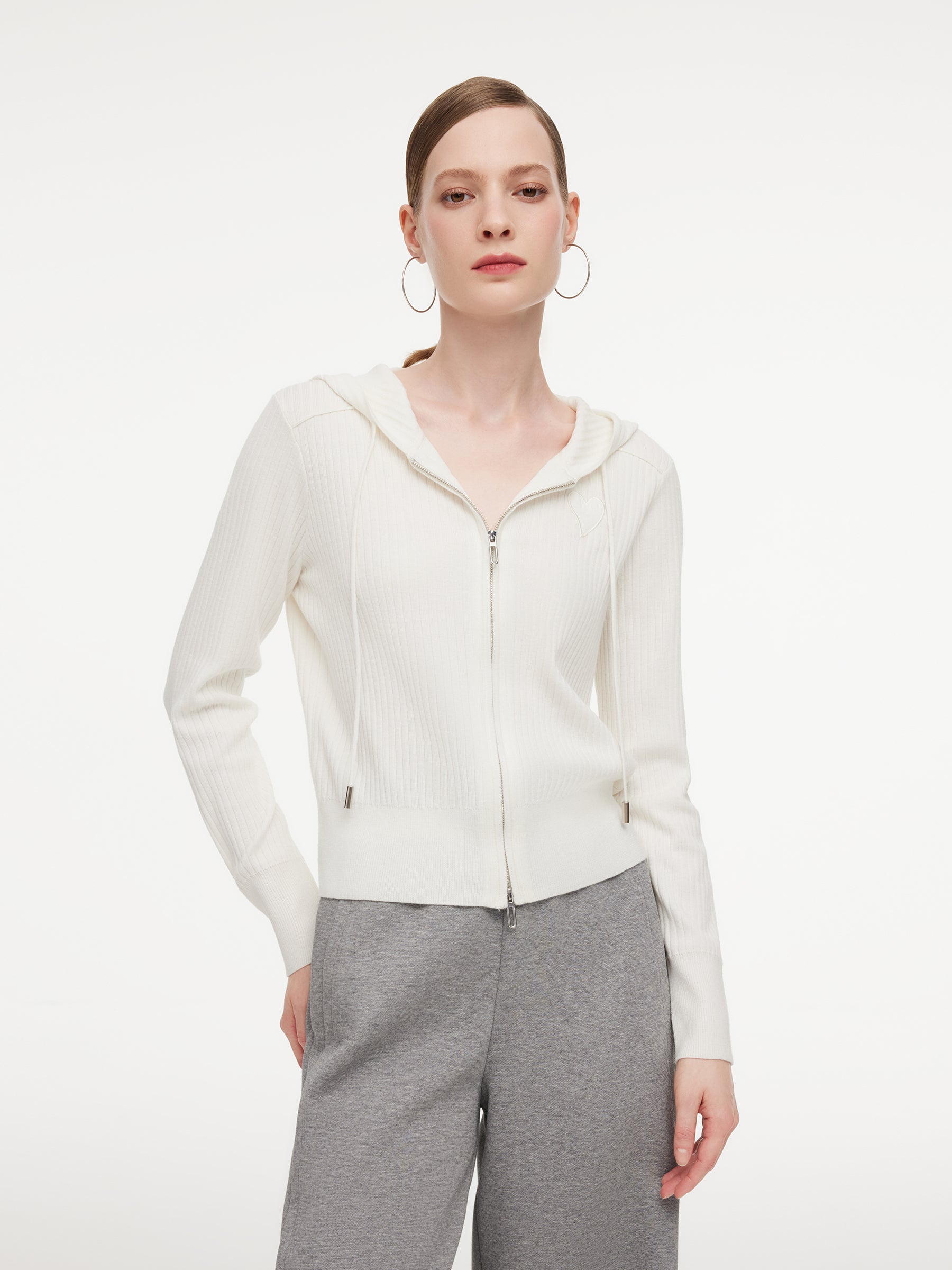Wool Blend Heart Embroidered Women Hooded Cardigan GOELIA