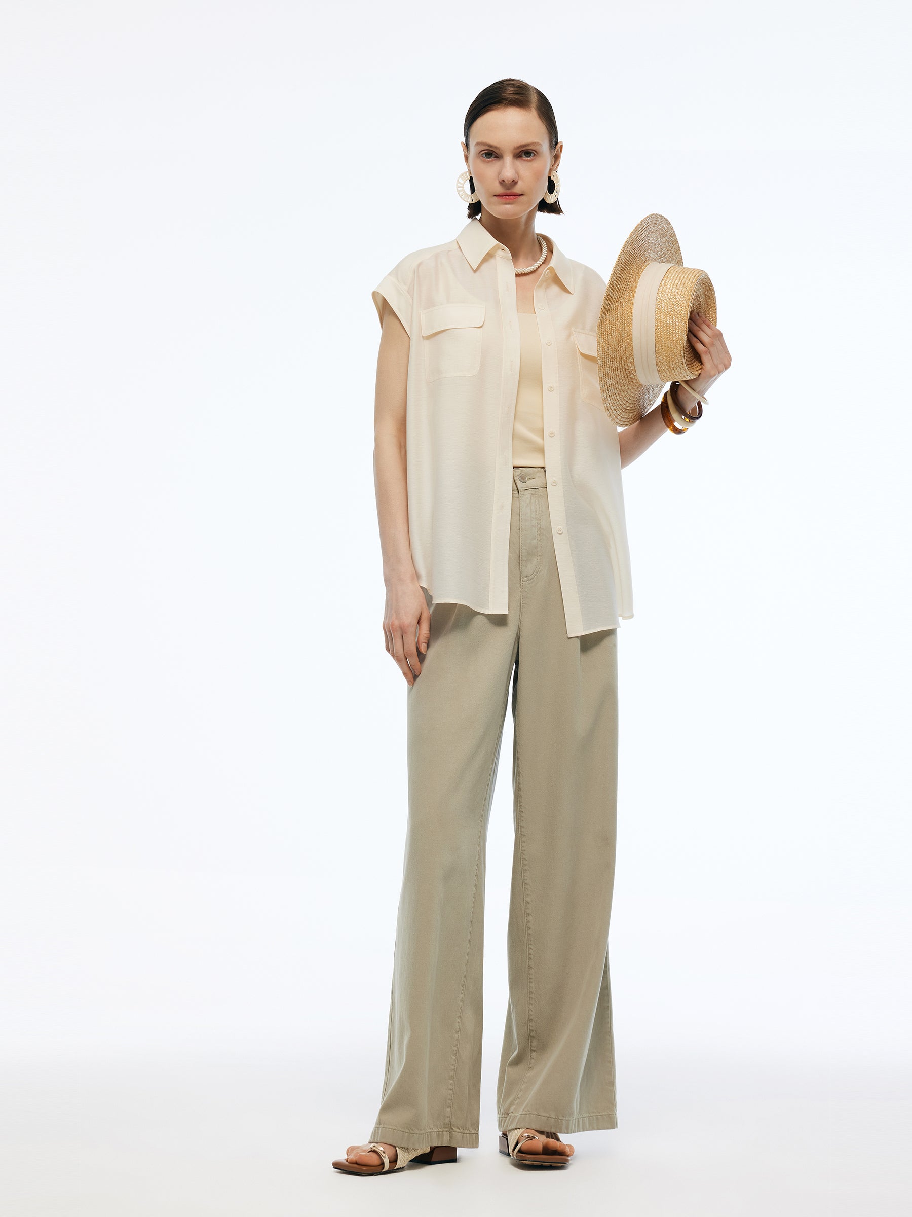 Acetate Blend Women Cap Sleeve Sheer Shirt GOELIA
