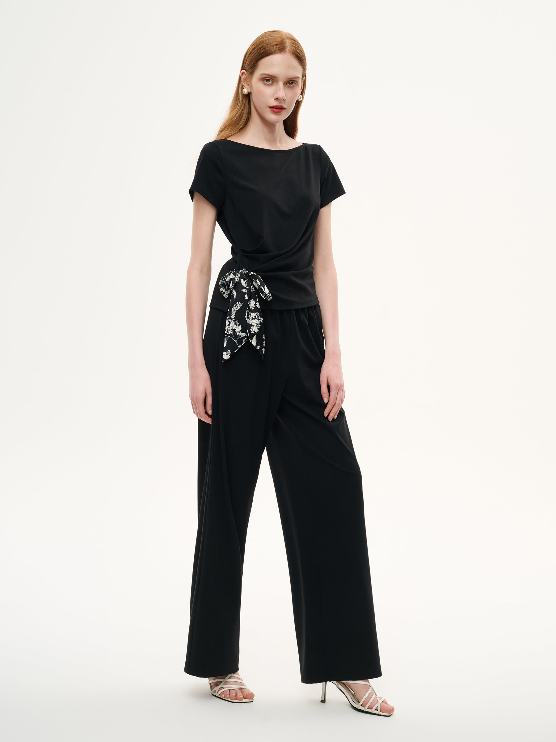 Boat Neck Side Ruched Top And Pants Two-Piece Set With Floral Print Scarf GOELIA