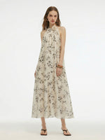 Floral Print Women Halter Maxi Dress With Ribbon GOELIA