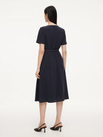 [Preview] Triacetate Blend Square Neck Women Midi Dress With Belt GOELIA
