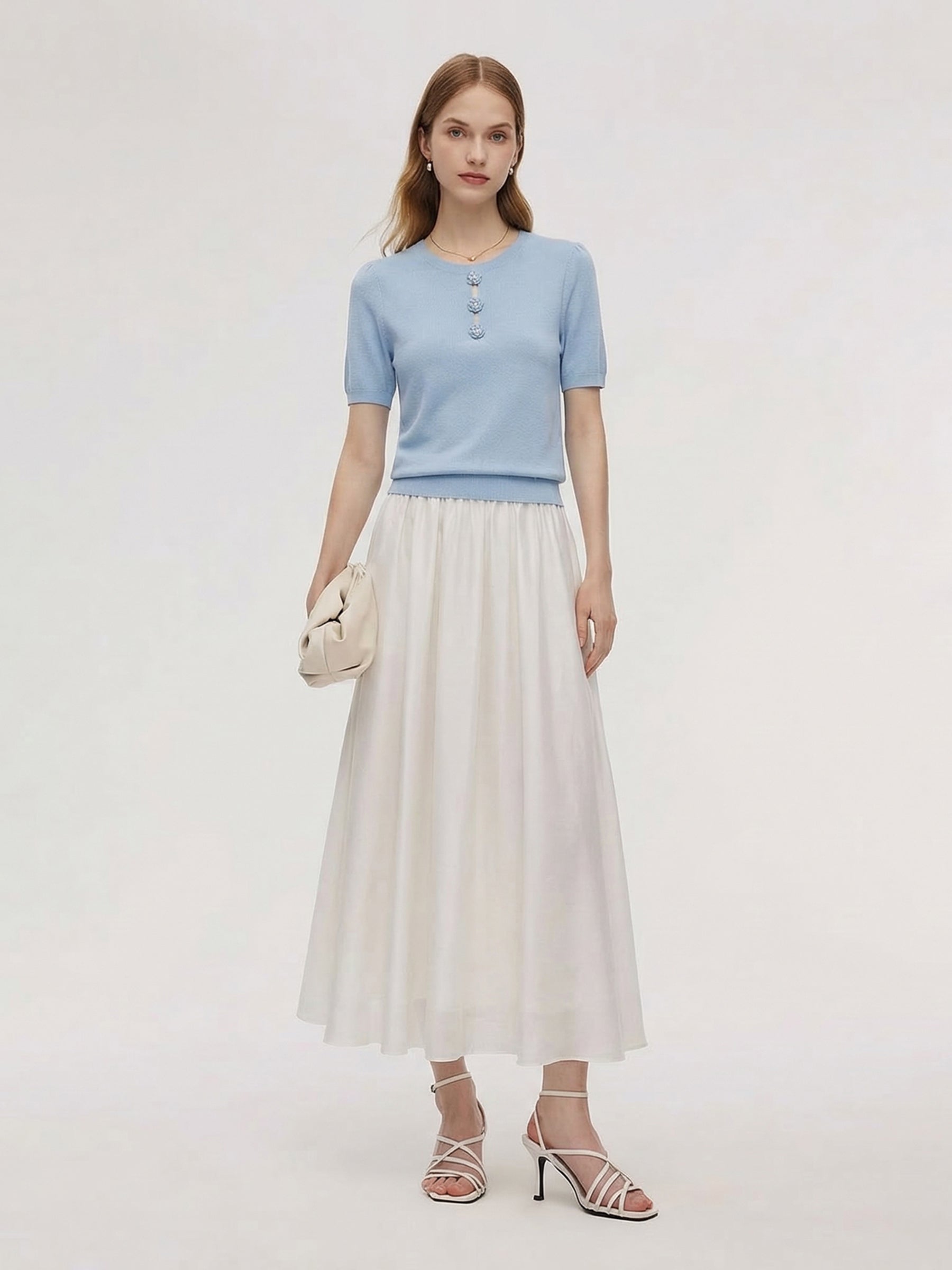 Tencel Blend Knit Top And A-Line Skirt Two-Piece Set With Detachable 3D Crochet Flowers GOELIA